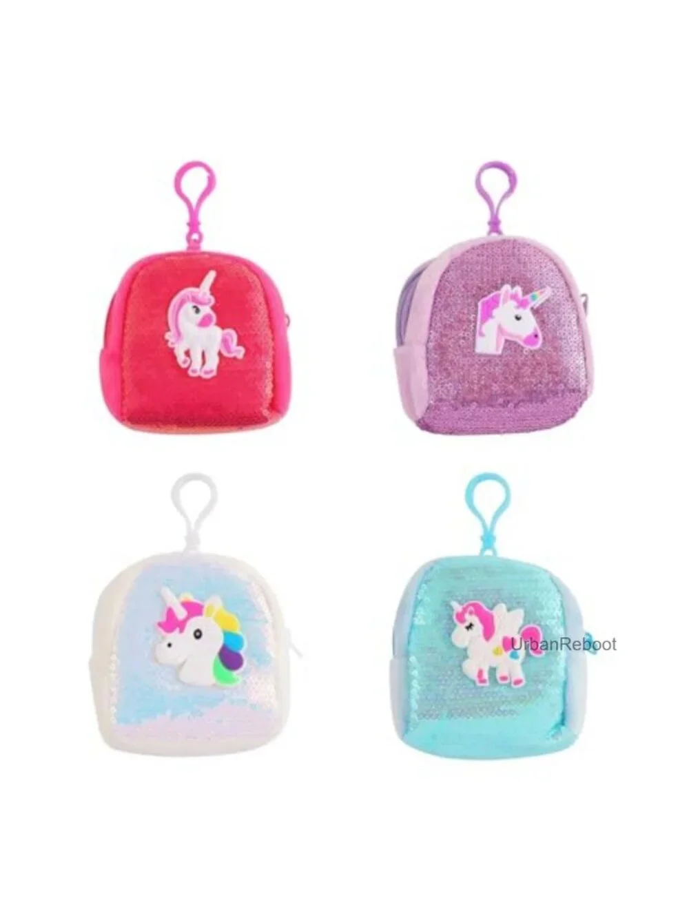 4 Pack Unicorn Coin Purse Keychain Set Plush Sequin Zip Pouch Girls Party Favor
